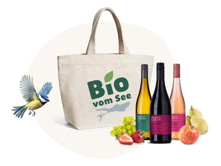 Stofftasche „Bio vom See“ mit Weinen und Obst vom Obst- & Winzerhof Bildgarten