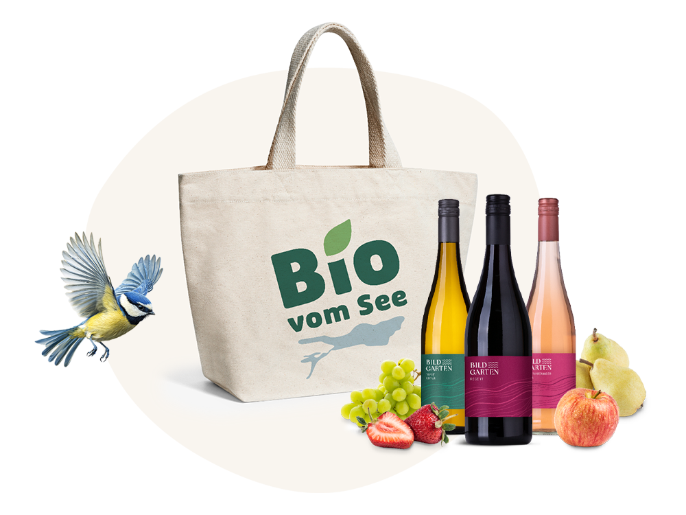 Stofftasche „Bio vom See“ mit Weinen und Obst vom Obst- & Winzerhof Bildgarten
